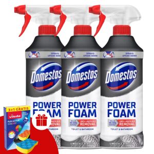 Domestos Power Foam Toilet and Bathroom Cleaner Spray 3x435ml with Vileda Sponge - Domestos