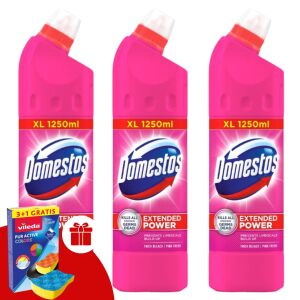 Domestos Pink Fresh Disinfectant Cleaner 3x1250ml with Vileda Sponge Gift - Household Disinfectant