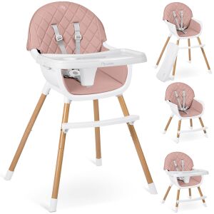 Nukido Lilo pink high chair with adjustable tray and safety harness, multiple views - High Chair
