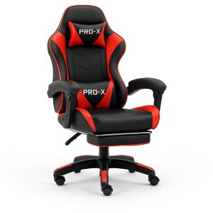PRO-X GOBORELAX геймърски стол с поставка за крака черен и червен преден изглед 