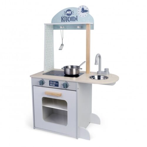 MONI Fa kiskonyha kék babakonyha tartozékokkal, sütővel, mosogatóval és főzőlappal