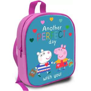 Peppa Pig kids backpack with pink straps, blue background with Peppa Pig and George Pig characters, saying 'Another perfect day with you!' - Preschool Backpack, Bag
