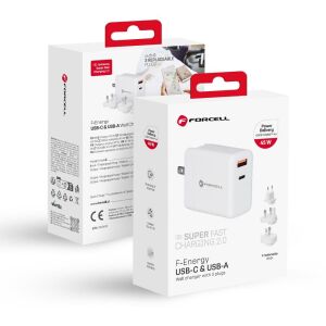 Forcell F-Energy 3in1 USB C + USB A QC4.0 PD 3A 45W Telefontöltő Három Cserélhető Csatlakozóval (EU / UK / US) TFK-TC-45WPDAC Fehér 138928265 - Forcell
