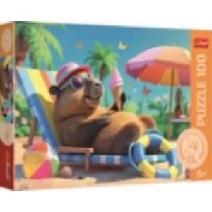 Puzzle Trefl Kapibara 100 dielikov, krabica s kapybarou relaxujúcou na pláži - Puzzle