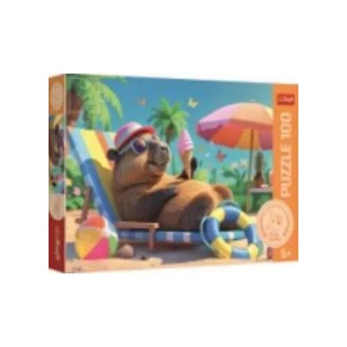 Puzzle Trefl Kapibara 100 dielikov, krabica s kapybarou relaxujúcou na pláži