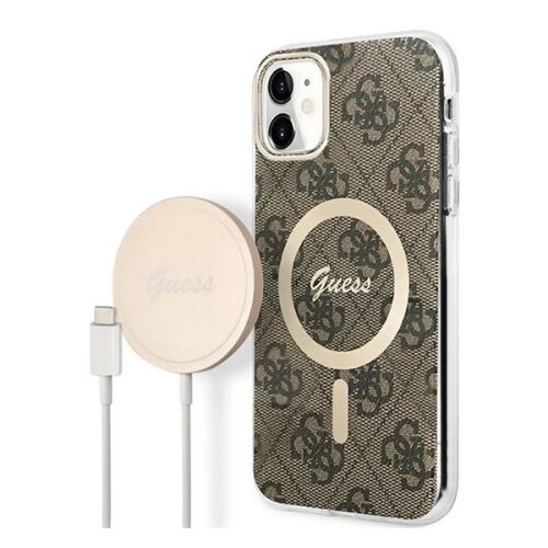 Guess 4G Print iPhone 11 szett - Barna tok, vezeték nélküli töltő