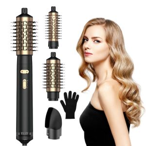3-in-1 rotierende Heißluft-Haarstyling- und Trocknungsbürste mit Ionentechnologie, die alle Aufsätze zeigt - Haarstyling-Bürste