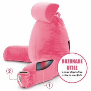 Lesekissen mit Armlehnen, abnehmbarer Kopf-/Nackenstütze & Fußstütze, Linomag®, 2 x Seitentaschen, Rosa, 91,5x75cm