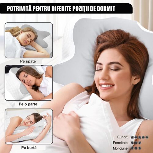 Set 2 Perne Ortopedice Cervicale pentru dormit Linomag®, Spuma cu Memorie, Husa lavabila, Suport pentru gat, umeri si brate, Gri/Alb, 62 x 41 x 11-13 cm