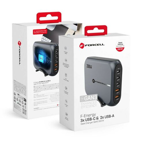 Forcell F-Energy GaN III asztali töltő 3 x USB C + 2 x USB A QC4.0 PD 5A 200W VT-51 szürke 138977739