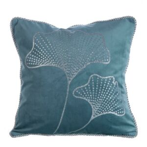 Türkiz Bársony Párnahuzat - 45x45 cm, Ezüst Ginkgo Mintával