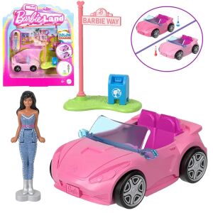 Mini BarbieLand różowy kabriolet zmieniający kolor z lalką Barbie o wysokości 3,8 cm i akcesoriami - Mattel Baba