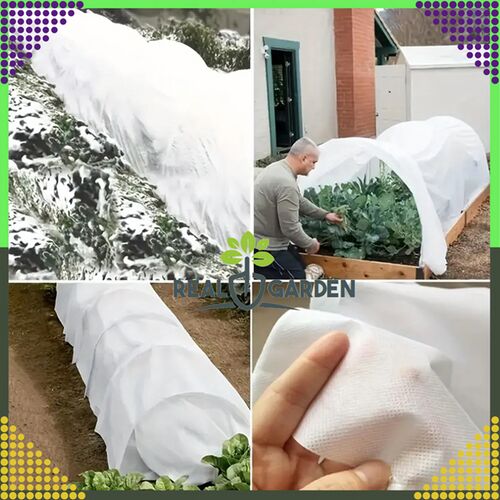 Koláž zobrazujúca zimné kryty Real Garden v rôznych záhradných aplikáciách