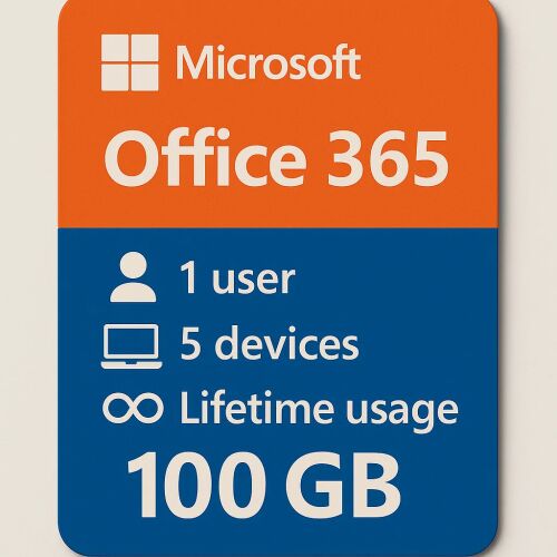 Microsoft Office 365 I 1 user I 5 devices I Lifetime usage I 100 GB