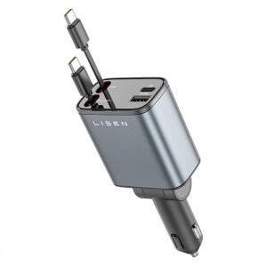 4-в-1 прибиращо се зарядно за кола, LISEN LS101, 69 W, вграден USB-C кабел, двоен USB-C + USB-A, бързо зареждане на iPhone, iPad, Macbook, Samsung