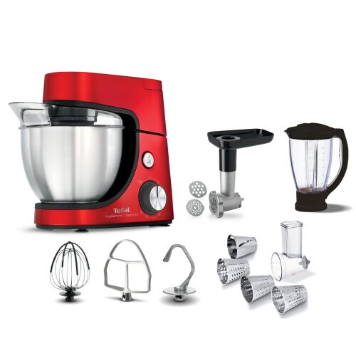 Tefal Masterchef Gourmet QB516G konyhai robotgép tartozékokkal: habverő, keverőlapát, dagasztókar, turmixgép, húsdaráló és aprító