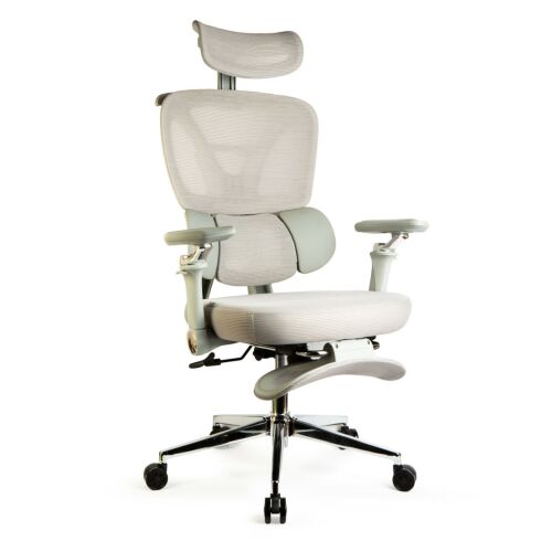 Teljes nézet az ergonomikus szürke irodai szék állítható funkcióival