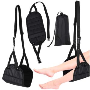 Collage of Lógó travel footrest, product details and usage example - Office Furniture