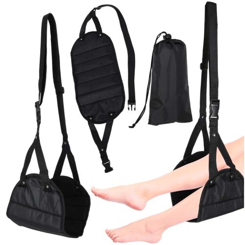 Collage of Lógó travel footrest, product details and usage example