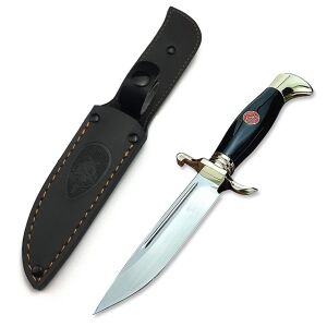 Nóż taktyczny do polowań, pochwa ze skóry naturalnej, ostrze 440C, rękojeść z pełnego trzpienia z akrylu, 26 cm, czarny 139020899 - Nóż myśliwski i survivalowy