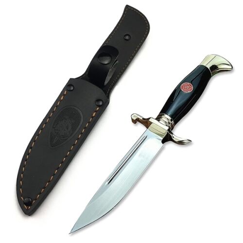 Cutit tactic de vanatoare, teaca din piele naturala, lama 440C, maner acrilic full tang, 26 cm, negru