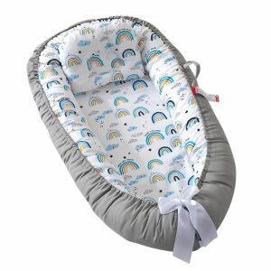 Babynest Babyschlafkorb, Linomag®, mit zwei Seiten, 0-24 Monate, 90x55cm, Baumwollbezug, Komfort & Sicherheit, Weiß/Hellgrau