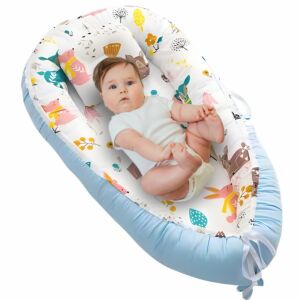 Babynest Babyschlafkorb, Linomag®, mit zwei Seiten, 0-24 Monate, 90x55cm, Baumwollbezug, Komfort & Sicherheit, Weiß/Blauer Himmel