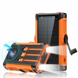 Linomag® Solar Power Bank, 20000 mAh, 3 Kabel, 4 Anschlüsse, magnetisches kabelloses Laden, integrierter Kompass und Taschenlampe, wasserdicht, Orange