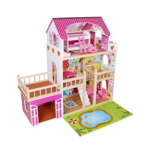 Fa babaház, 60x33x90 cm, LED világítással, garázzsal, tartozékokkal