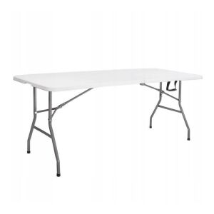 Masa pliabila összecsukható kempingasztal, fehér asztallap és acélváz. - Kempingasztal
