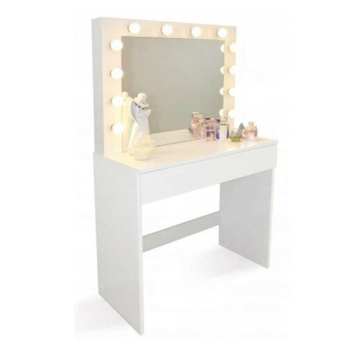 Fehér Hollywood sminkasztal megvilágított tükörrel és meleg fehér LED-ekkel