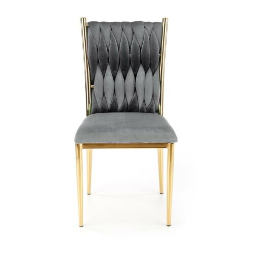 Amanda étkezőszék, szürke bársony kárpitozás, arany króm acél váz, glamour stílus, elölnézet.