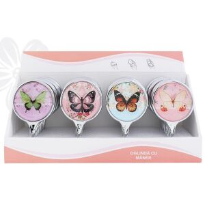 Kozmetikai tükör fogantyúval, ezüst kerettel, pillangómintával, 14,5 cm