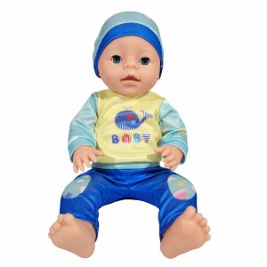 Pisilős baba, fiúruhák, magassága 40 cm, bili, cumi, cumisüveg, 3 éves kortól