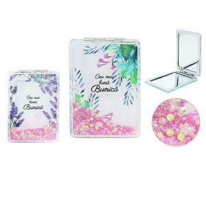 Kozmetikai tükör, kis méret, csillogó minta, nagyító hatás, üzenet a legjobb nagymamának