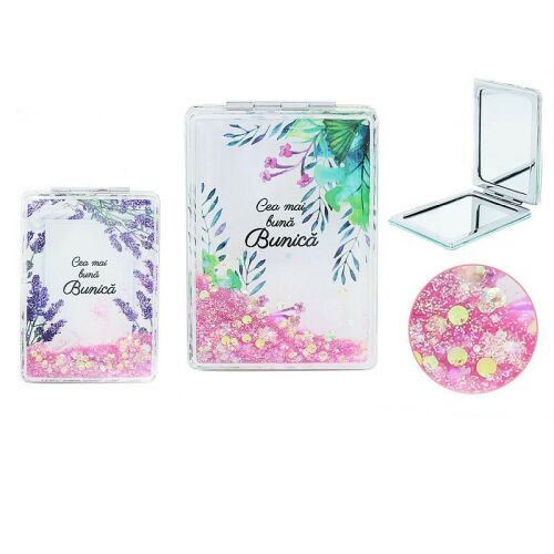 Csillámos kozmetikai tükör, Legjobb Nagymama felirattal, virágmintás és csillogó kompakt tükör