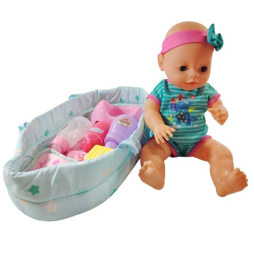 Interaktív babababa kiegészítőkkel: mózeskosár, cumisüvegek, bili