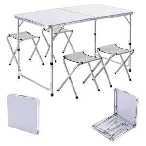 Kollázs az összecsukható kempingasztal és székek készlet különböző konfigurációiról - Kempingasztal
