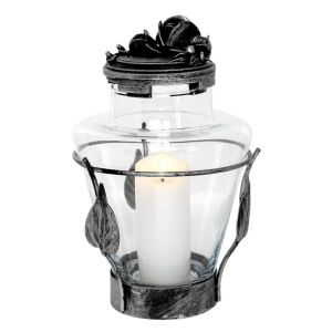 Ezüst Sír Mécses Rózsa Díszítéssel - 27 cm, Üveg és Gyanta