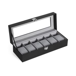 Cutie pentru ceasuri Timeless Tools cu 6 compartimente, piele neagră, capac de sticlă, deschisă - Cutiii ceasuri si cutii intors ceas automatic