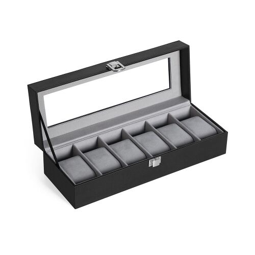 Puzdro na hodinky Timeless Tools so 6 priehradkami, čierna koža, sklenené veko, otvorené