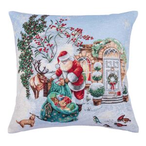 Home of Christmas Gobelin калъфка за възглавница с Дядо Коледа и елени, 45x45 см - Декоративна възглавница