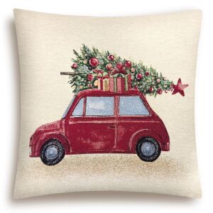 Față de pernă Home of Christmas Gobelin cu mașină roșie care transportă brad de Crăciun și cadouri - Lenjerie de pat