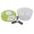 Green manual food chopper with stainless steel blade, disassembled