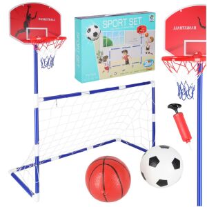 Collage of 2-in-1 soccer goal, basketball hoop, balls, and pump - Basketball, Hoop, and Equipment