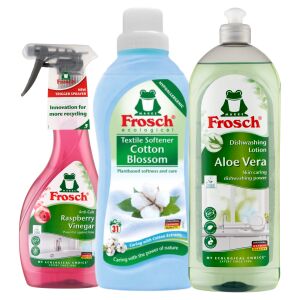 Sada čistiacich prostriedkov pre domácnosť Frosch: Ocot malinový odstraňovač vodného kameňa, aviváž Bavlnený kvet, prostriedok na umývanie riadu Aloe Vera - Ručné umývanie riadu