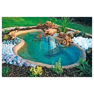 Kerti tó kék-zöld PVC fóliával bélelve, sziklákkal és növényekkel díszítve - Kertészeti fólia