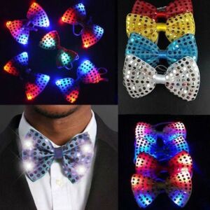 Papion luminos LED RGB, accesoriu party, cu paiete, 3 moduri iluminare, material textil Galben