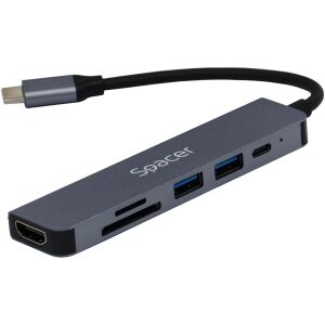 Widok pod kątem stacji dokującej Spacer 6w1 USB-C z portami HDMI i USB - Stacja dokująca