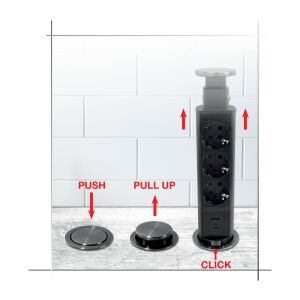 Distribuitor ascuns Commel pentru mobilier, 3 prize, USB A+C, inel negru și gri, instrucțiuni de instalare - Prize